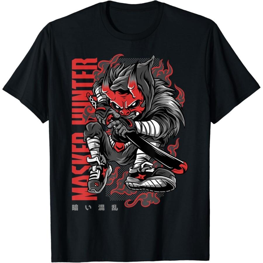 AniuGEYANIU Masked Hunter Japan Oni Ninja Japanese Demon Mask T-Shirt S