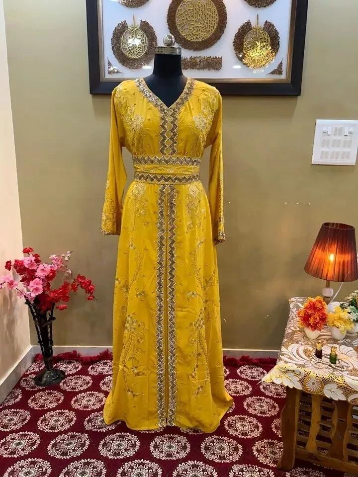 

Платье Фараша ручной работы Исламское Дубайское кафтановое платье Абая Стильное длинное марокканское платье FREE SIZE жёлтый