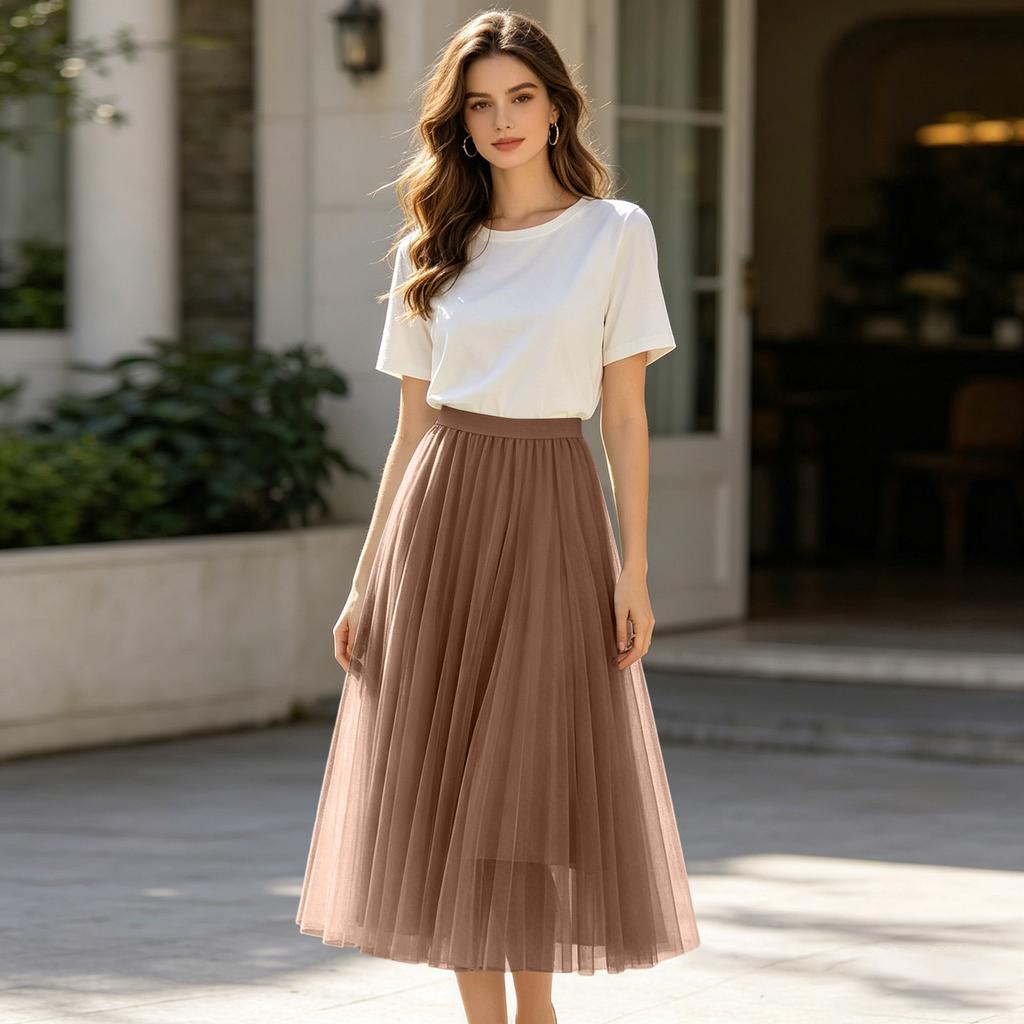 Ladies' Casual And Fashionable Mesh Half Skirt Long Skirt