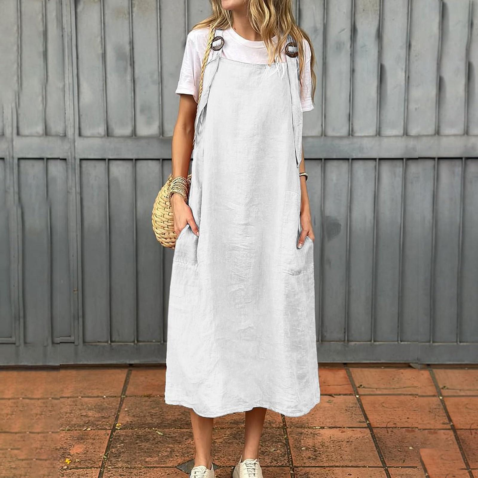 Women s Fashionable Color Square Neck Adjustable Shoulder Strap Casual Cotton And Linen Long Dress S