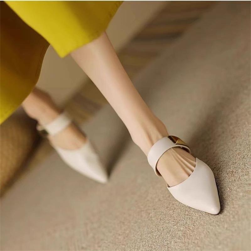 French soft leather bag head half slippers women's summer wear 2025 new Internet celebrity thick heel Mueller shoes middle heel pointed shoes