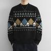 Mens Thick Knit Sweater With Jacquard Loose Fit Crew Neck Long Sleeve Pullover Winter Casual Wear