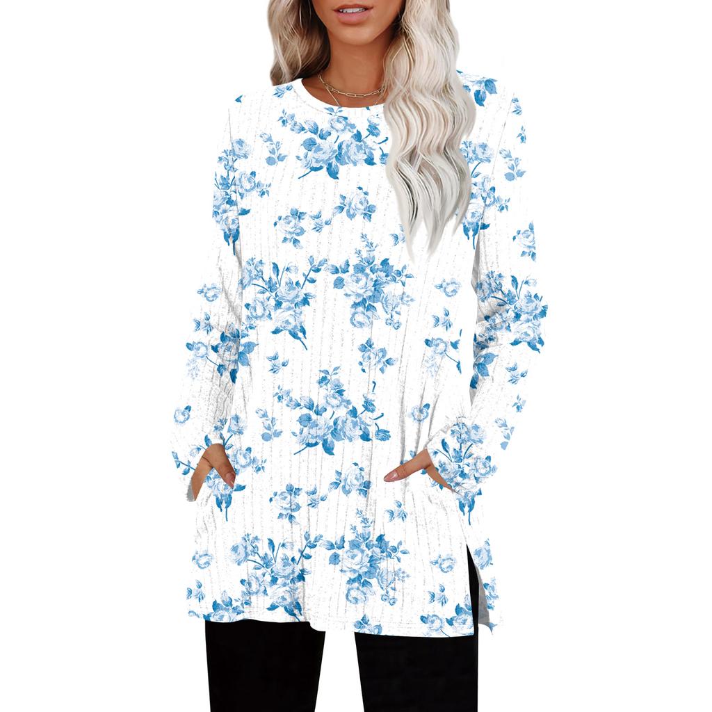 Damegensere Rund hals Langermet Skjorter Med Lommer Høstantrekk Mote Vinterklær Sideslisse