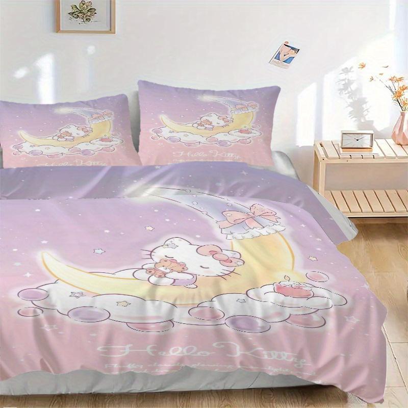 

3pcs Moon Hello Kitty Quilt Cover Set (1 Quilt Cover + 2 Pillowcases Without Pillow Core), High-Definition Printing for Home and Dormitory.W064 135x200cm