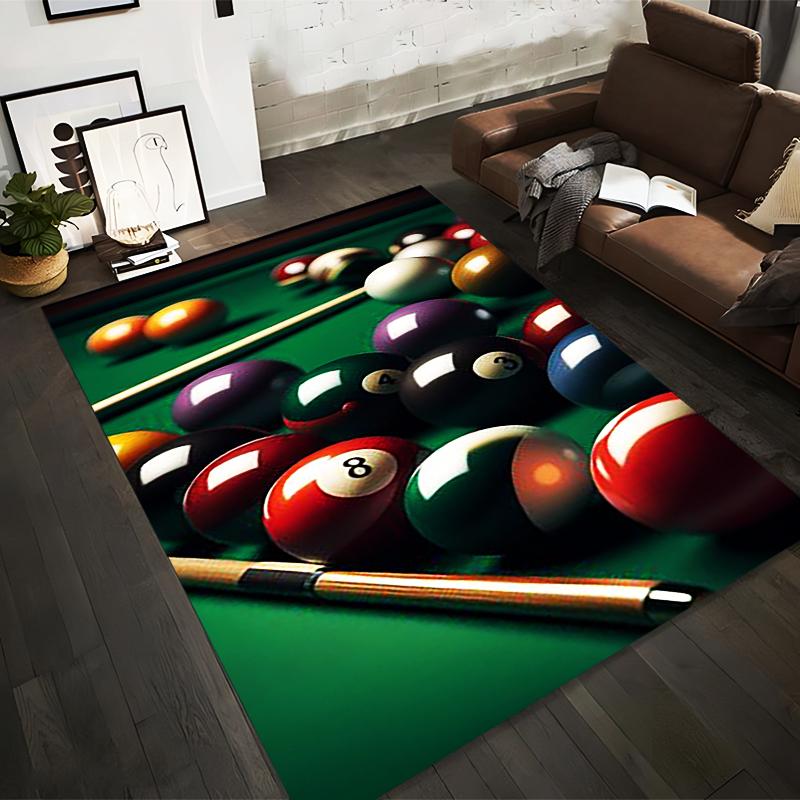 Billiard Balls and Cue On Green Felt Rug Non-slip Rug Suitable for Living Room and Bedroom Sofas.