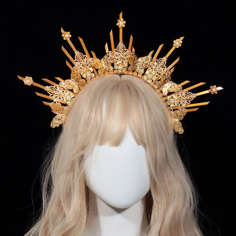 Women Crown Halo Headpiece Wedding Headwear Cosplay Girls Sun Goddess Pearl Halloween Carnival Party Headdress Costume Props
