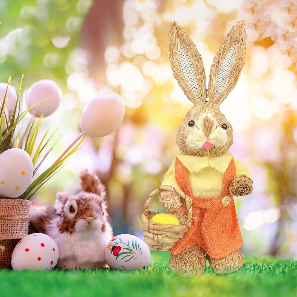 Handmade Straw Rabbit Figurine Easter Bunny Ornament for Dining Room Table Dollhouse Miniatures