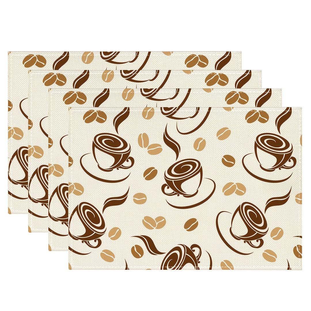 Minimalist Coffee Cup Placemats, Brown Coffee Bean Pattern Table Mats, Decorative Dining Pad for Coffee Bar Kitchen 4PCS