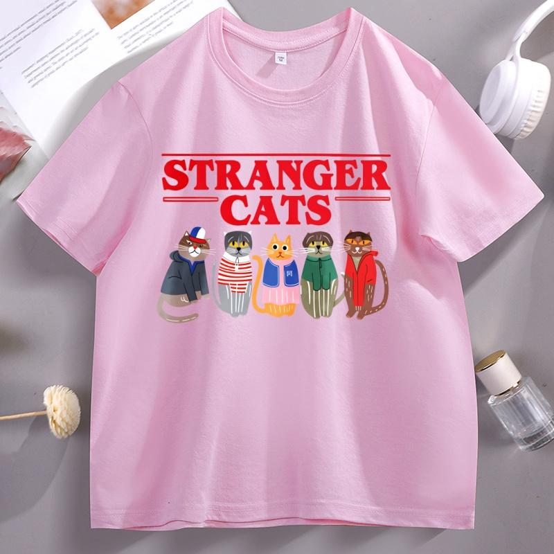 Stranger Cats T-Shirt Funny Printed Cotton Short Sleeve Loose Tee Shirt Soft High Quality O Neck Tshirt Breathable Casual Tops