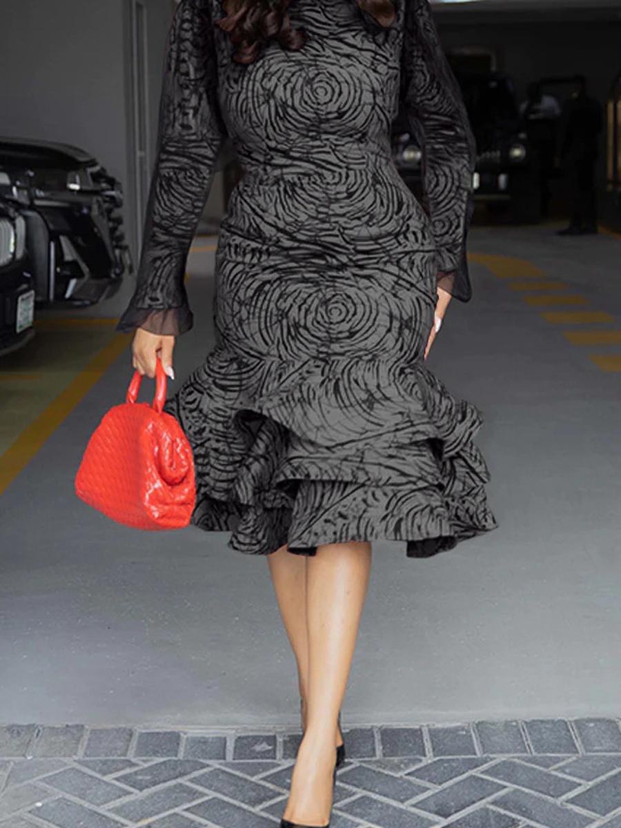 Spot Sale Imported Bestseller Autumn Printed Crew Neck Loose Long Sleeve Mesh Patchwork Ruffled Hem Dress M чёрный