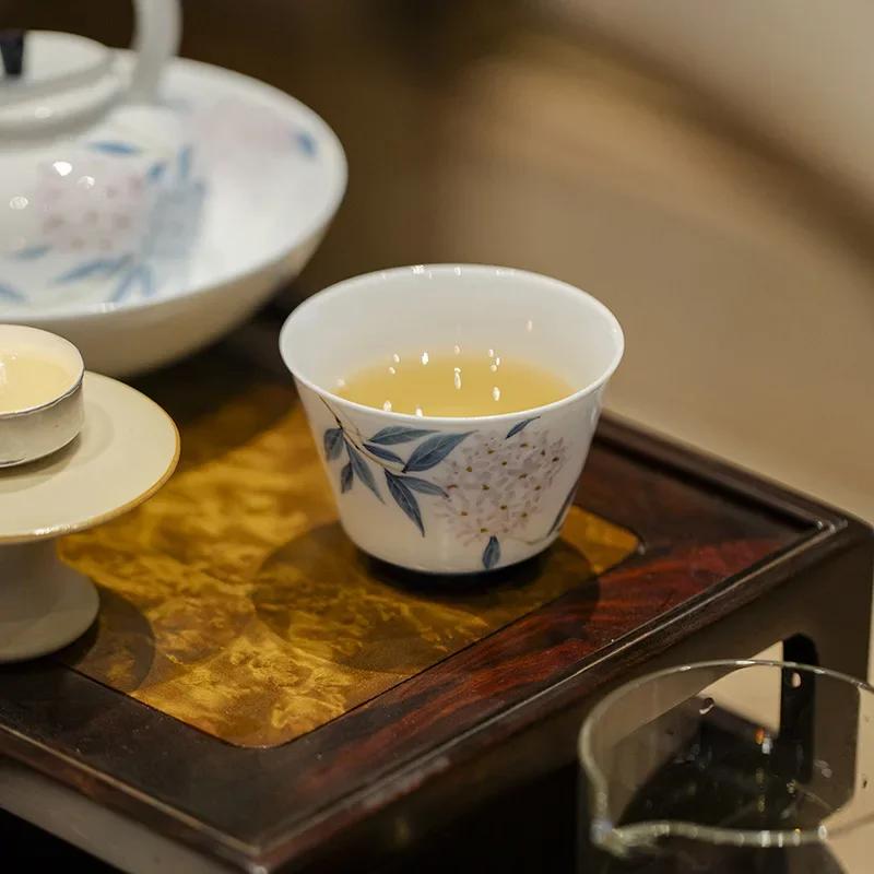 White porcelain hand-painted group flower master cup Kung Fu tea set household pastel hydrangea tea cup tea cup