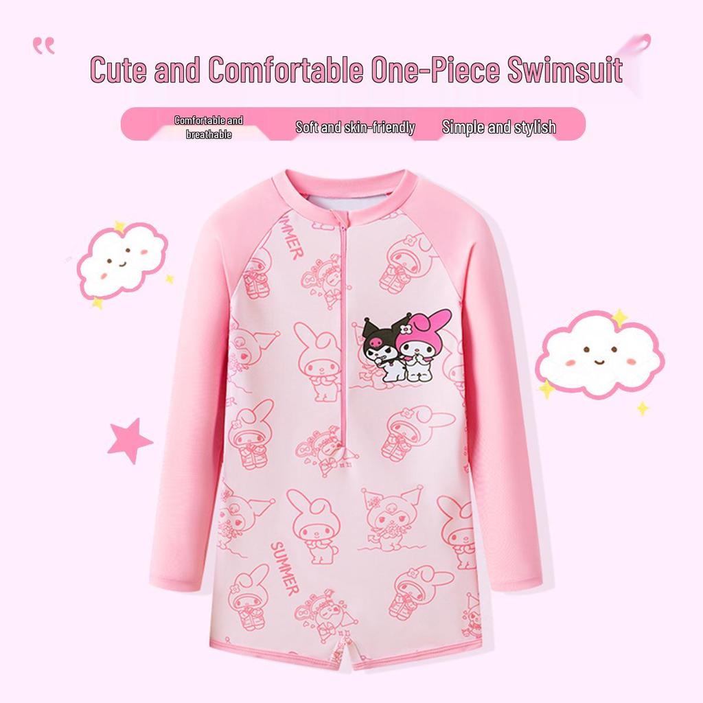Kuromi Girls' Long Sleeve Sun Protection One-Piece Swimsuit for Kids - Professional Training Boxer Style