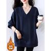 Autumn and Winter Fashionable Simple Versatile V-neck High-end Velvet Thickened Long-sleeved Sweatshirt Women's Loose Top