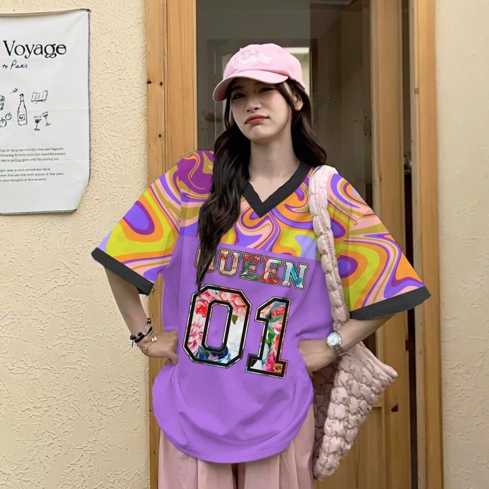 Korean women's T-shirt V-neck short sleeved top with digital pattern printed women's Jersey T-shirt