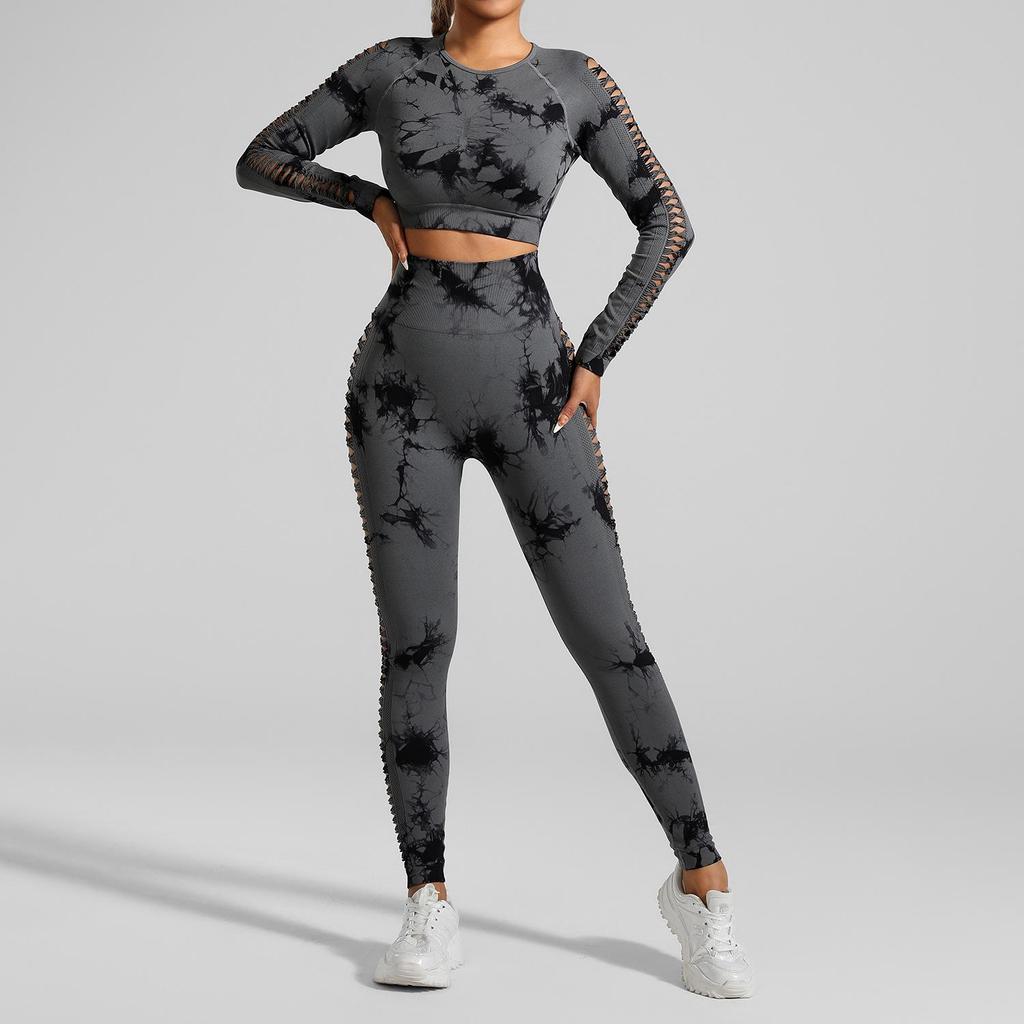 European American Tie-Dye Butt-Lift Yoga Set: Long Sleeve, Seamless Fitness Clothing with Hollow Out Design