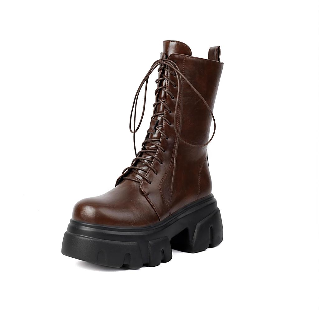 Krazing Pot PU Herbst Winter Schuhe Flache Plattform Super Größe Motorrad Stiefel Runde Zehe Halten Warme schnüren Größe 44 Stiefeletten