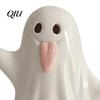 Decorative Ghost Sculpture Light Up Ceramic Figurines for Halloween Decor, Cute White Statue Gift Party with Pink Tongue, LED Night Home Table Office