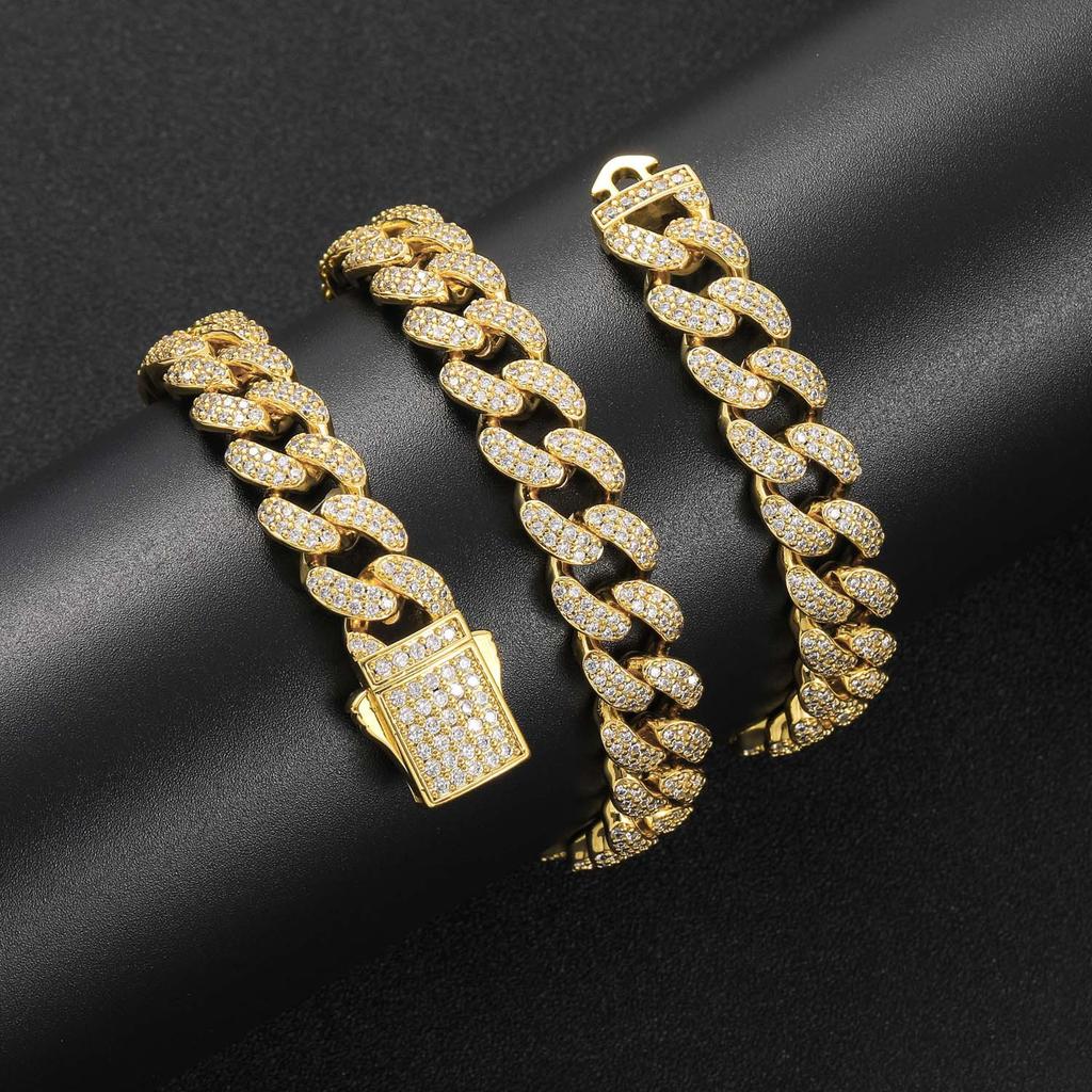JUXIN Fashion Hip Hop Jewelry 14K Gold Plated Miami Cuban Necklace Spring Clasp 12mm Bling CZ Iced Out Cuban Link Chain