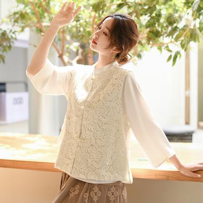 Gilet Primaverile da Donna Ricamo Retro Delicato Letterario Senza Maniche