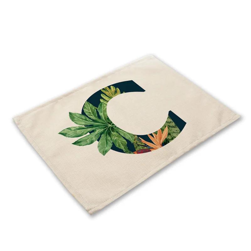 30x45cm Alphabet Letters Linen Kitchen Placemat Botanical Plant Green Tropical Leaves Dining Table Mats Coaster Pad