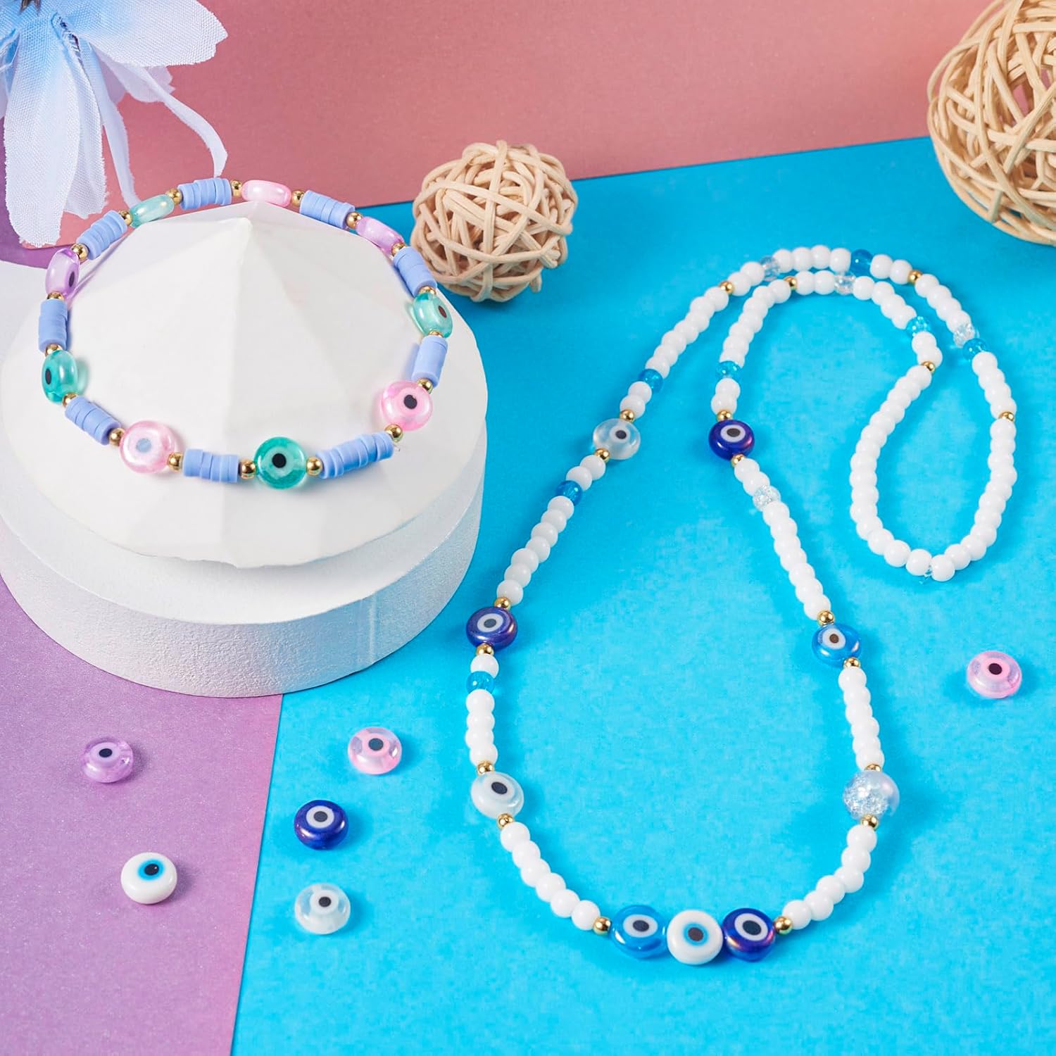 

175pcs 8mm Evil Eye Beads Flat Round Turkish Eyeball Beads AB Color Lampwork Beads Glass Bracelet Loose Spacer Beads for DIY Halloween Craft Earring звезда