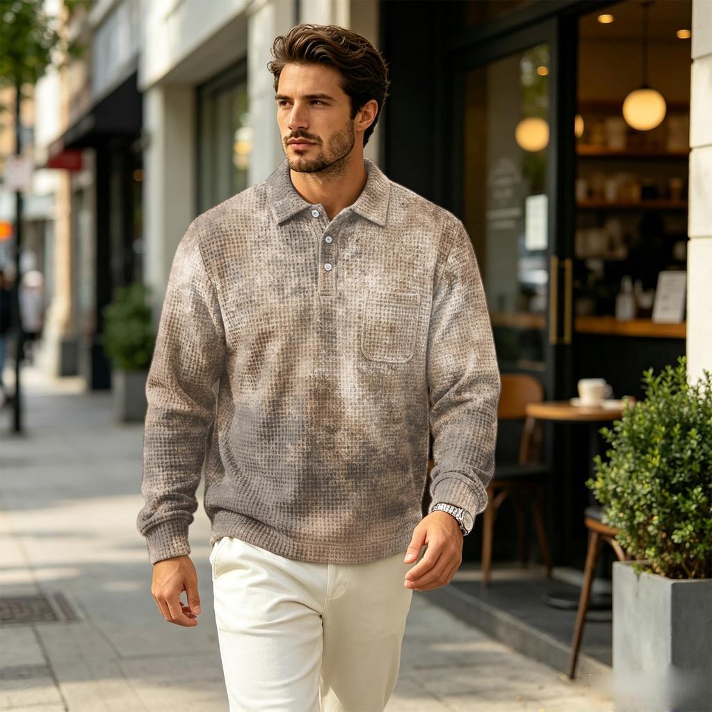Men's Fall Casual Outdoor Knit Pullover Long Sleeve Top with Collar and Pocket, Printed