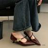 Soft Leather Version~ Pointed Temperament Metal Buckle One-word Strap High Heels, Light Mouth Low Heel Commuting Black Single Shoes Women
