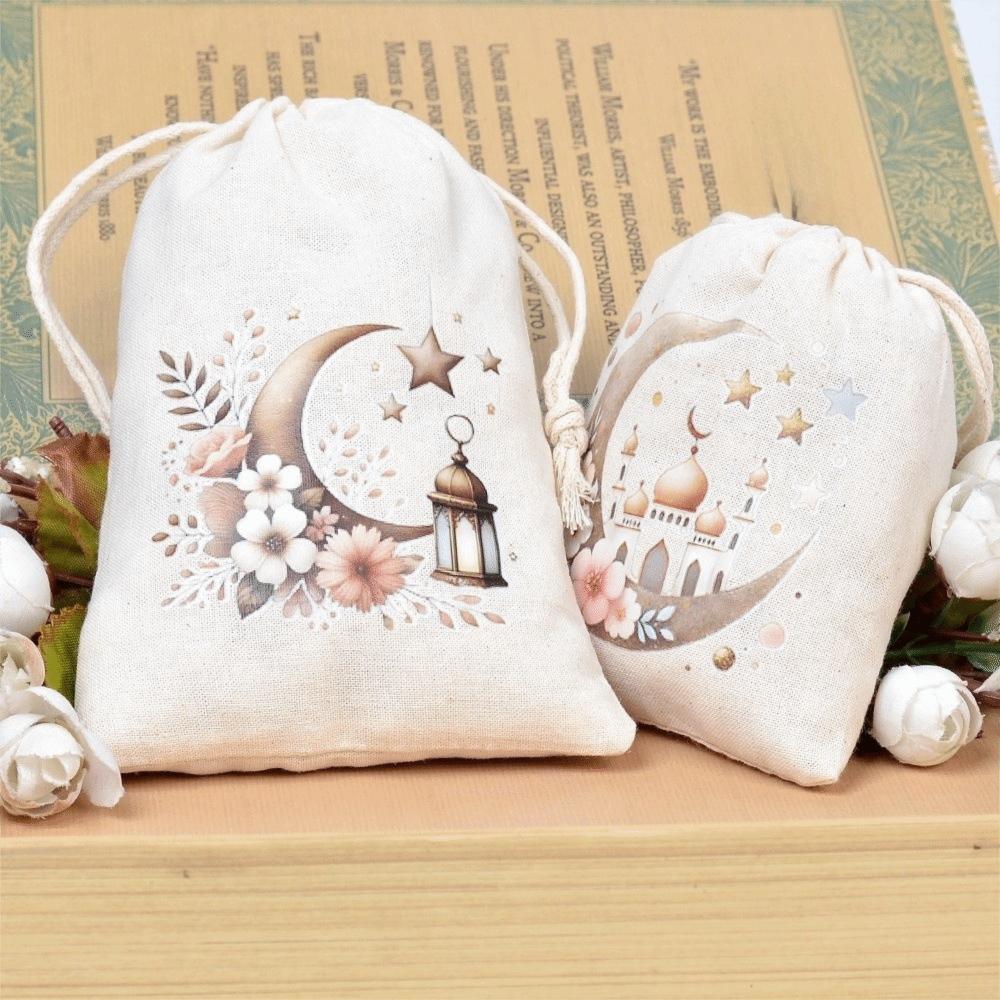 12 piece/set Reusable Eid Al Fitr Cotton Bags Decorative with Drawstring Candy Storage Bag Festival Gift Packaging Bags