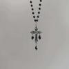 Gothic Punk Black Crystal Cross Pendant Beaded Choker Necklace for Women Men Retro Halloween Party Daily Cosplay Wear Jewelry