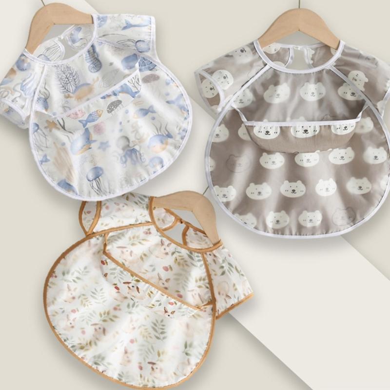Spill Proof Short Sleeve Infant Bib with Adjustable Straps Easy Cleaning Smock For Eating Painting Outdoor Activity