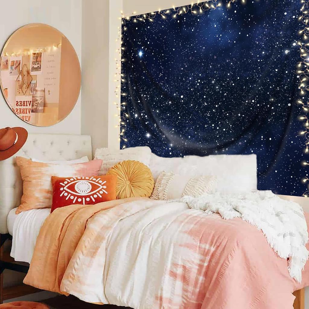 Night Sky Stars Tapestry Wall Hanging Dark Blue Galaxy Space Cosmic Starry Fantasy Universe Texture Outer Shining Star Kid