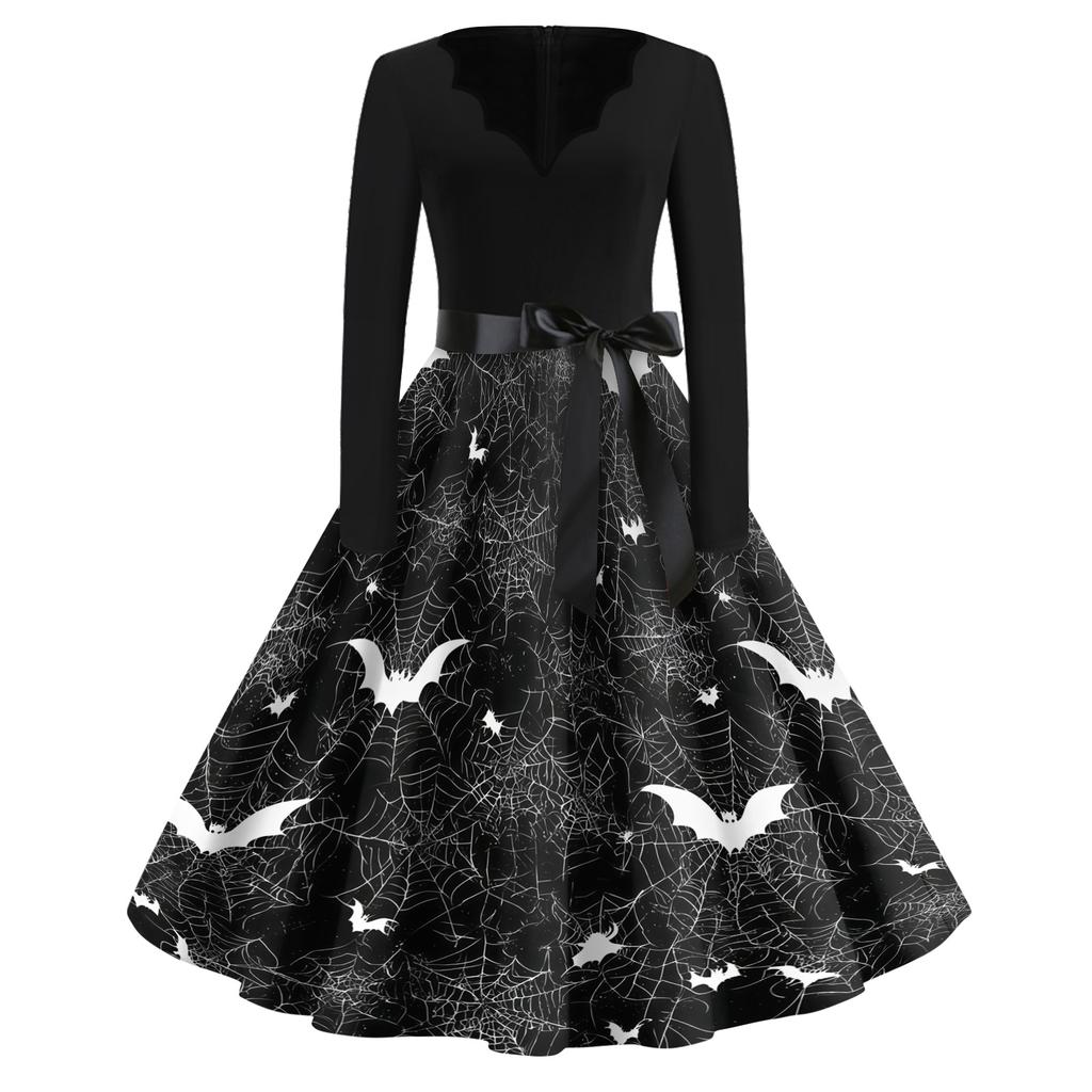 Women's Casual Vintage V Neck Dress with Halloween Print Long Sleeve Fit and Flare Knee Length Dress with Waist Tie Belt