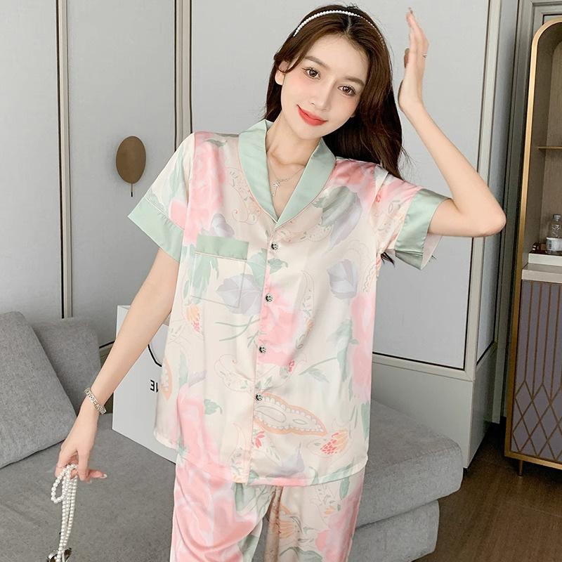 Casual Short-Sleeved Trousers Pajamas Women'S Summer Palace Style Thin Imitation Silk Loungewear