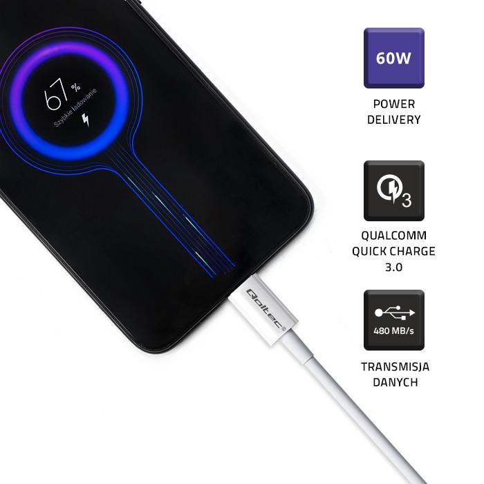 Qoltec Kabel USB 2.0 Typ C | USB 2.0 Typ C 60W | QC 3.0 | PD | 1m | Weiß