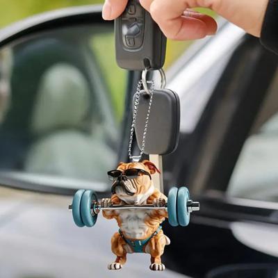 Cute Dog Weightlifting Dumbbell Pendants Acrylic Tree Car Mirror Decoration Bag Charm Christmas Unique Gift