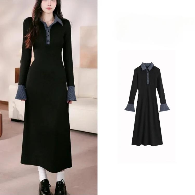 Korean Contrasting Color Lapel Long-sleeved Knitted Dress New Style High-end Waist Slimming Inner A-line Long Skirt for Women