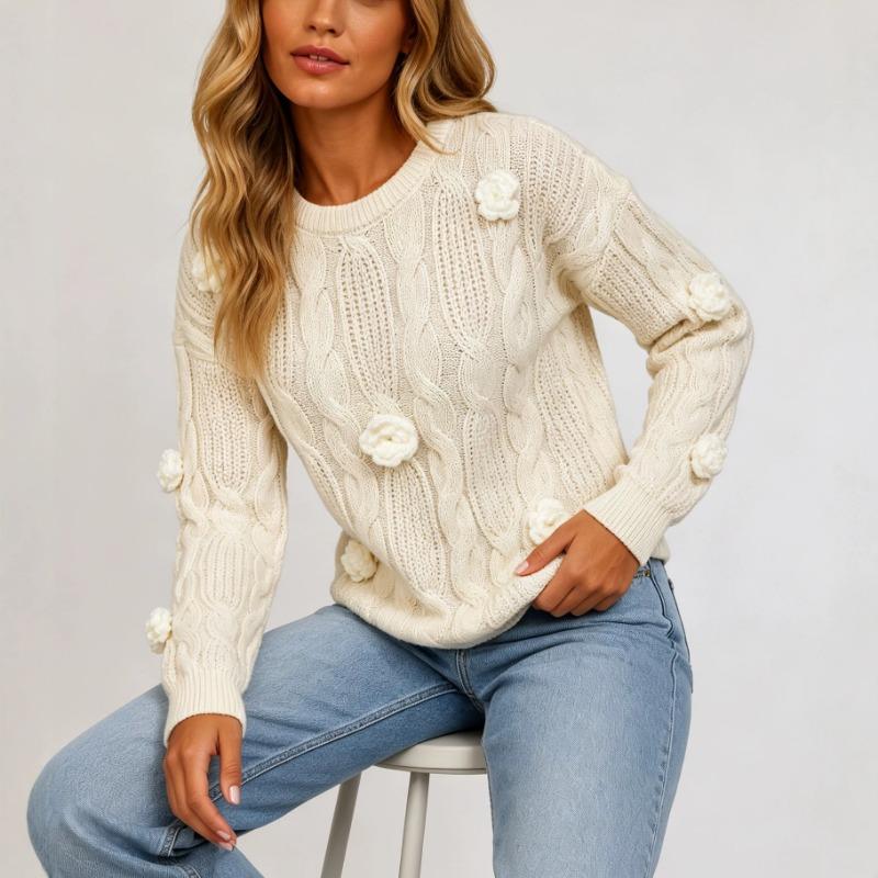 Women S Long Sleeve Pullover Sweater With 3d Rose Crochet Embroidery