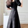 White French Summer 2026 Retro Puff Sleeve Square Neck Dress with Cinched Waist