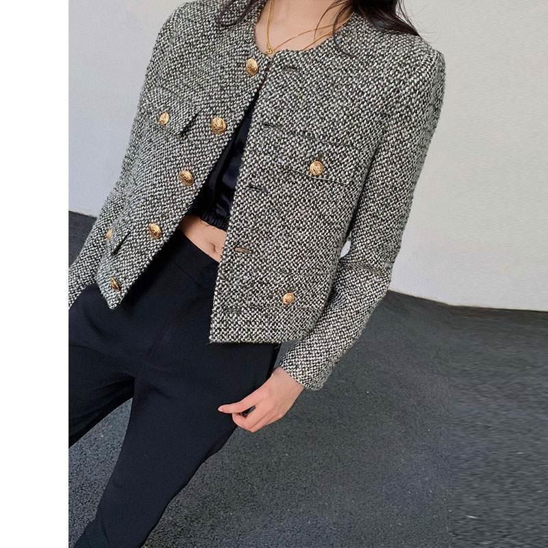 Coarse Tweed Small Fragrant Jacket for Women's Single Breasted Short Top Suit Jacket Female Wool Coat Lady Pocket Outwear Black
