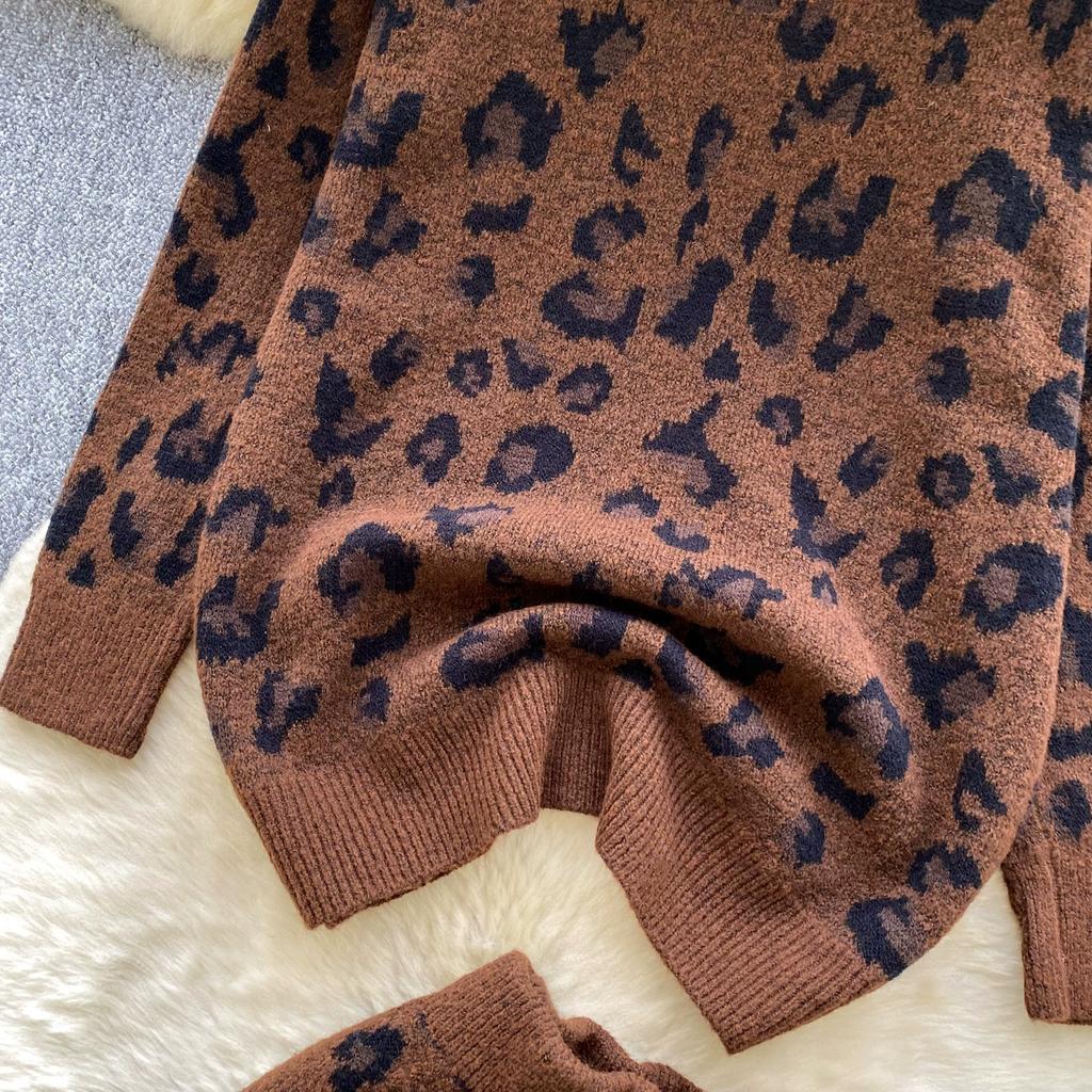 Automne Hiver Femmes Décontracté Imprimé Léopard Tricoté Pull Pantalon Ensemble Deux Pièces Manches Longues Hauts Pull et Short Taille Élastique Survêtement