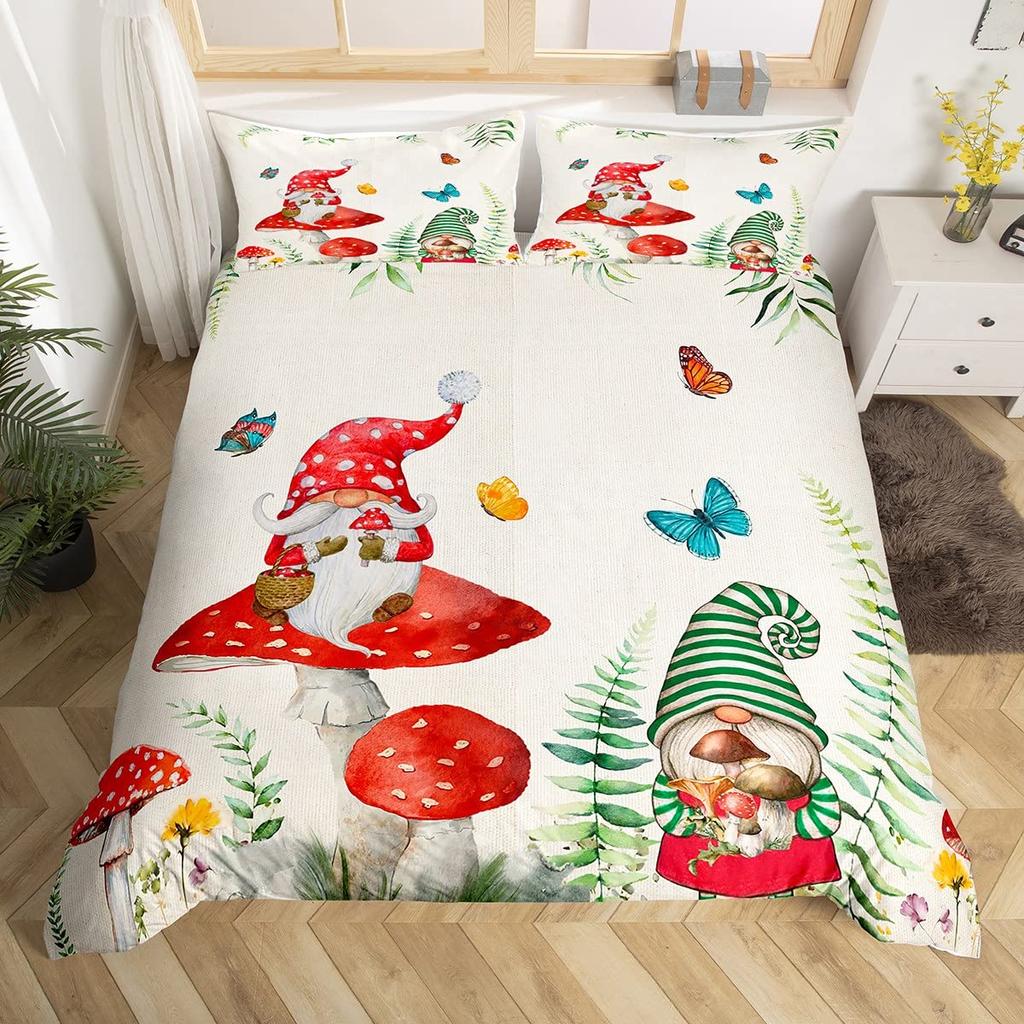 Purple Lavender Dwarf Duvet Cover King Queen Kawaii Cartoon Gnome Bedding Set Spring Flowers Comforter Cover Floral Quilt Cover