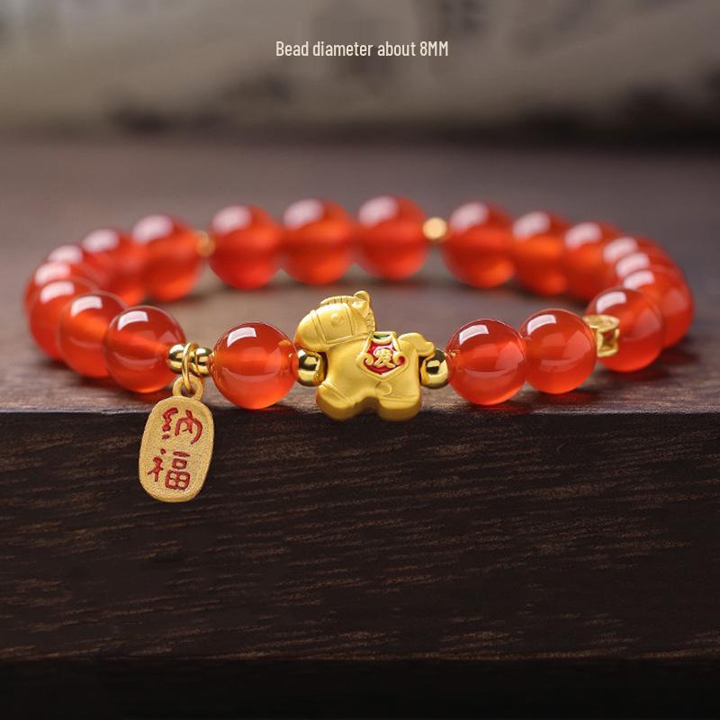 Natural Red Agate Horse Zodiac Bracelet for Women - 2026 New Style with Sand Gold Accents