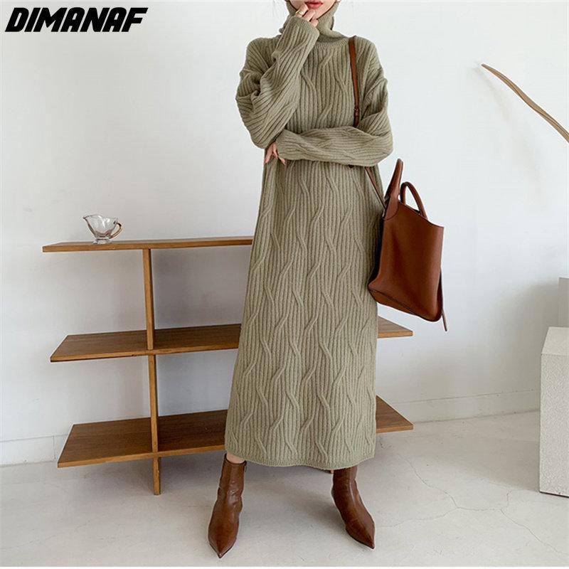 

DIMANAF 2022 Новое осеннее платье-свитер вязаное стильное женское платье с высоким воротником в полоску черные модные свободные платья