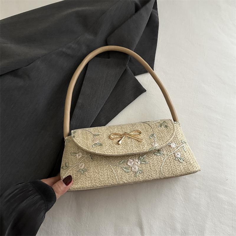 Fashion Versatile Straw Woven Bag Women'S Autumn High-Value Bow Thorn Shoulder Embroidered Armpit Bag