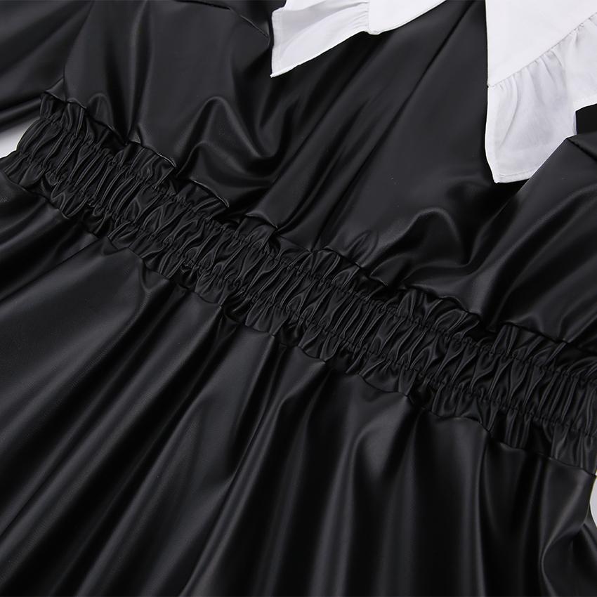 Peter Pan Collar Patchwork PU Leather Black Dress Women Elegant Pleated Elastic Waist Short Dresses Autumn Winter New Punk