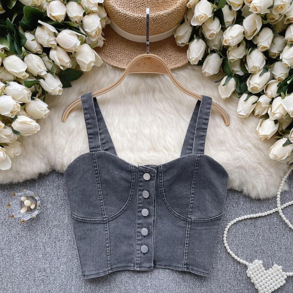Hongkongský styl Retro Džínový top Dámský Design Jednořadé Slim fit Krátký Pupík Sexy Gyaru Sle Cami Móda