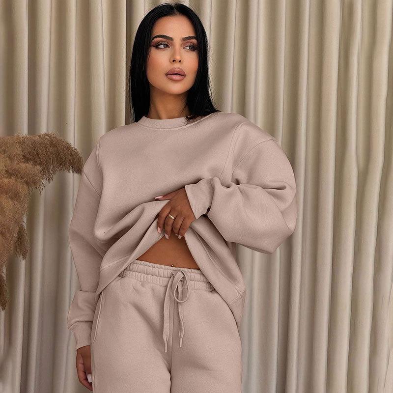 2024 podzim a zima nové jednobarevné kulatý výstřih s dlouhým rukávem volné dámské oblečení módní ležérní sada širokých kalhot