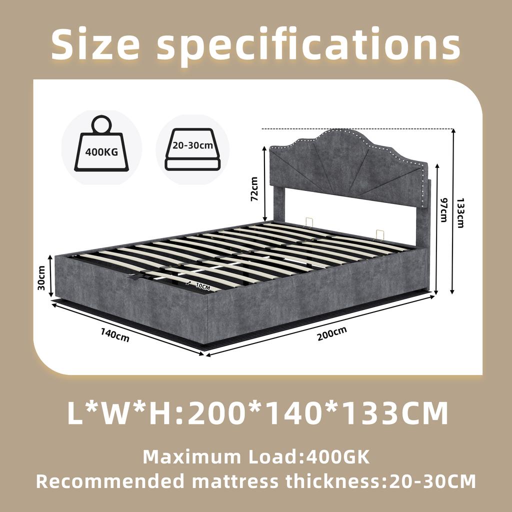 Modern minimalist bed, comfortable headboard, 140*200CM, gray, high box bed with pneumatic rod, does not include mattress.