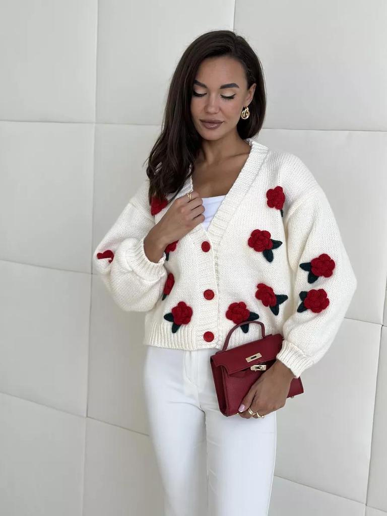 European & American 3D Flower Knit V-Neck Cardigan - Women's Loose Fit Autumn/Winter Sweater