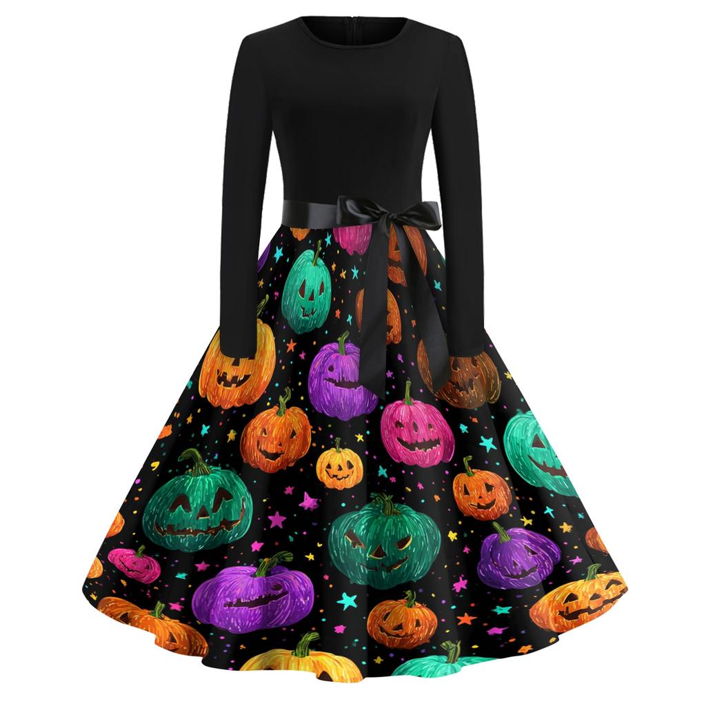 Women Vintage Halloween Print Long Sleeve Crew Neck Dress with Belt Retro Casual Fit and Flare Midi Dress for Holiday Party